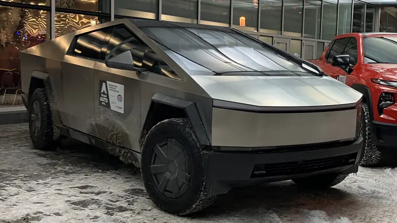 A 2026 Tesla Cybertruck on display at a motor show