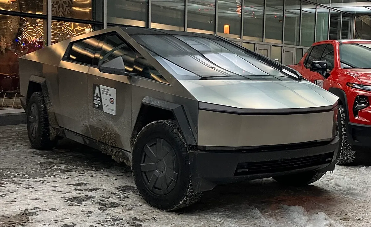 A 2026 Tesla Cybertruck on display